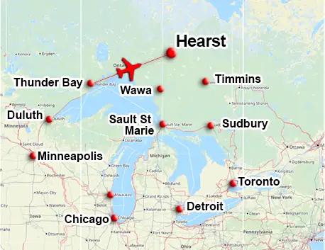 Charter flight route to Hearst Ontario